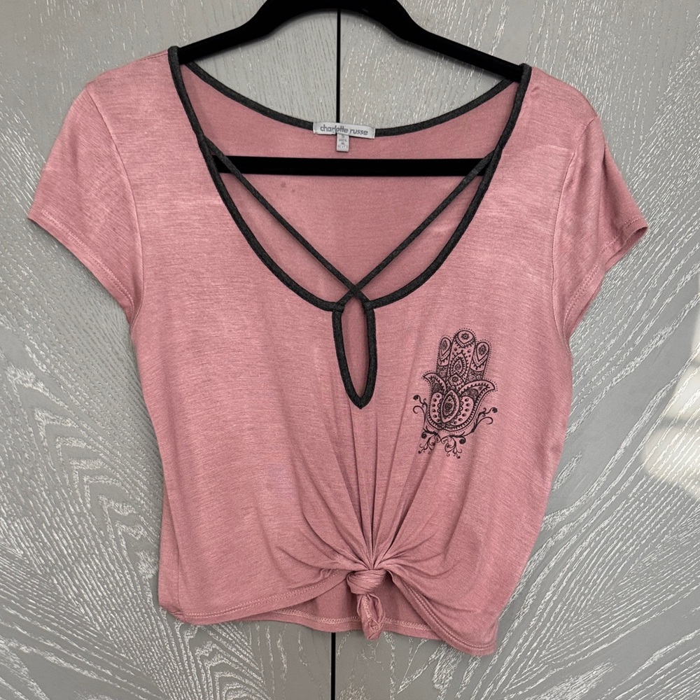 Charlotte Russe Pink Tee with Black Trim and Knot